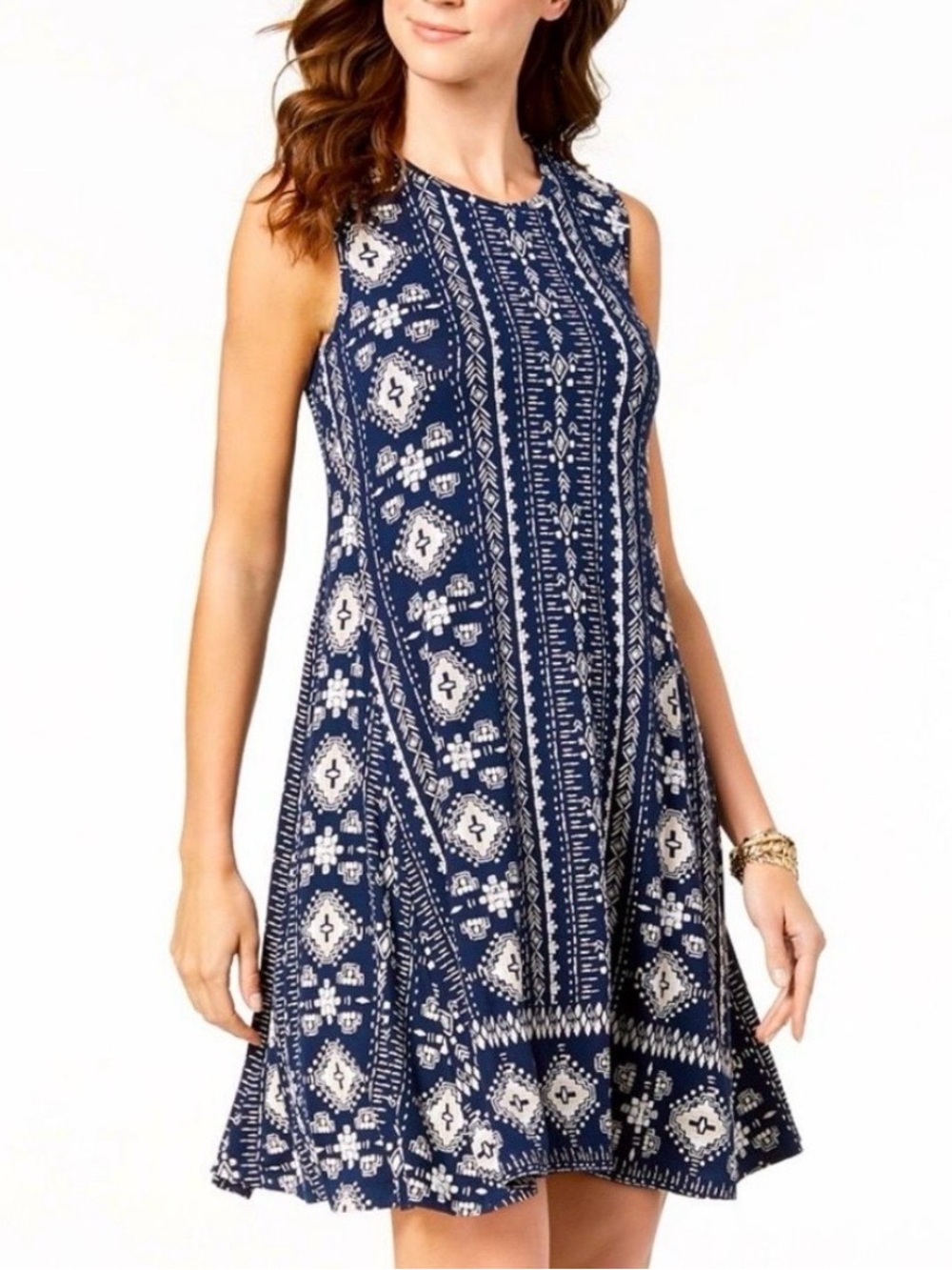 NWT Style & Co 3x Navy Printed Sleeveless Trapeze Swing Dress